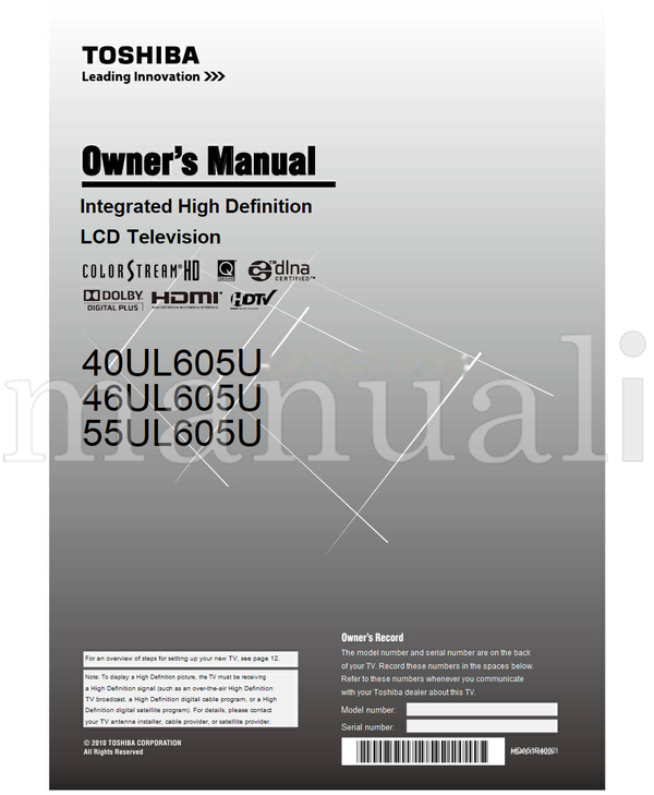 Toshiba 40UL605U 46UL605U 55UL605U HDA51P4002I (89 pages) TV Operating Manual