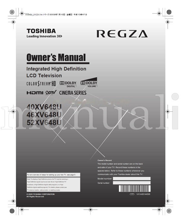 Toshiba 40XV648U 46XV648U 52XV648U VX1A00144500 (70 pages) TV Operating Manual