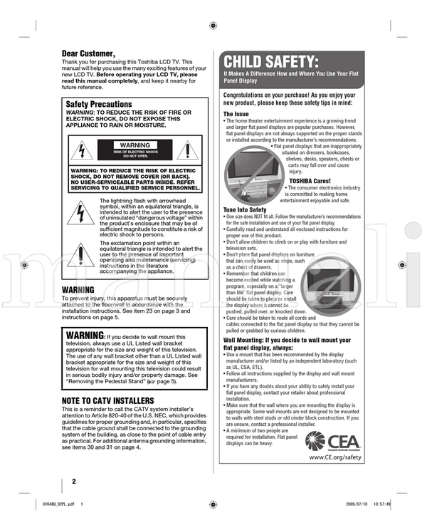 Toshiba 40XV648U 46XV648U 52XV648U VX1A00144500 (70 pages) TV Operating Manual