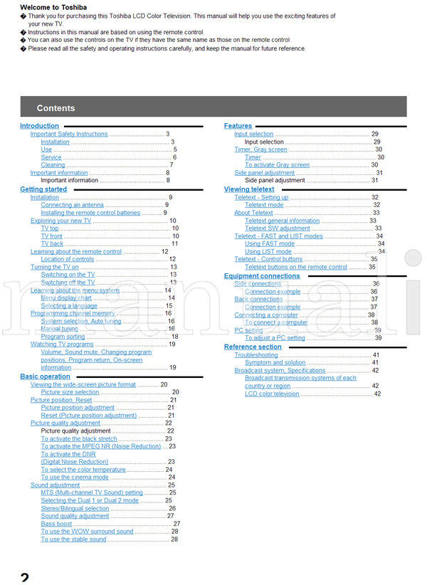 Toshiba 42WL55A 42WL55E 42WL55T (44 pages) TV Operating Manual