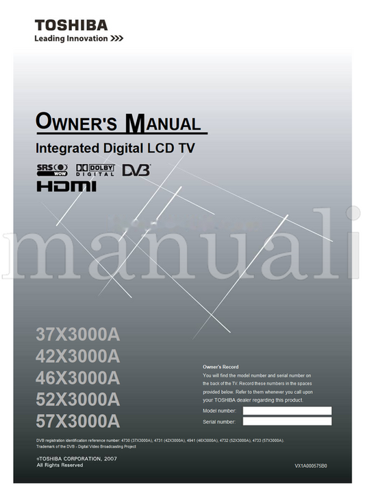 Toshiba 37X3000A 42X3000A 46X3000A 52X3000A 57X3000A VX1A000575B0 (44 pages) TV Operating Manual