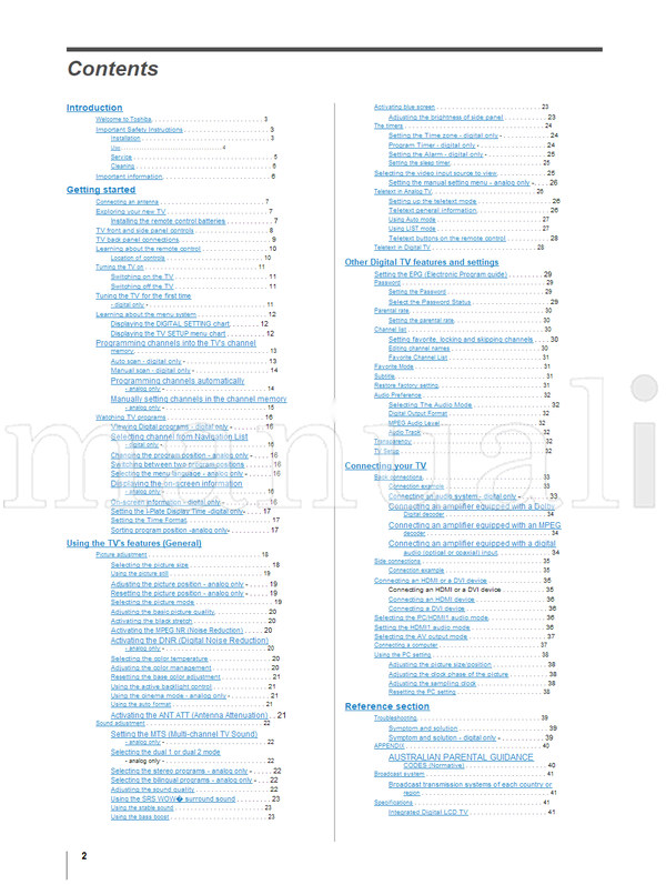 Toshiba 37X3000A 42X3000A 46X3000A 52X3000A 57X3000A VX1A000575B0 (44 pages) TV Operating Manual