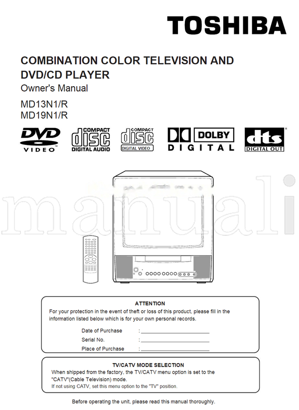 Toshiba MD13N1 MD19N1 (47 pages) TV/DVD Combo Operating Manual