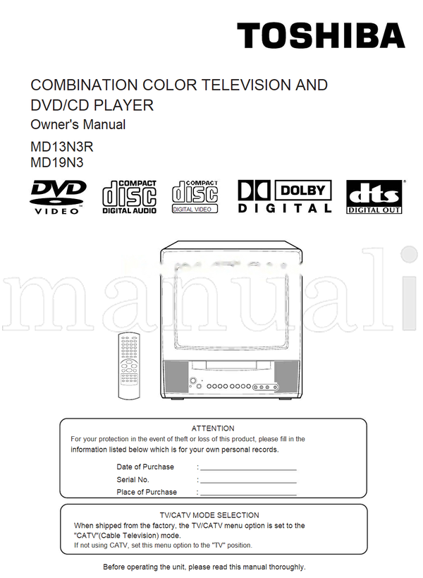 Toshiba MD13N3R MD19N3 (47 pages) TV/DVD Combo Operating Manual