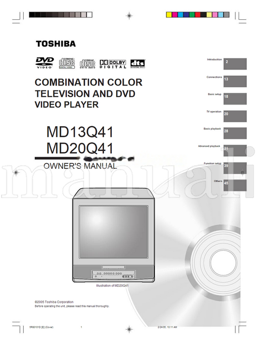 Toshiba MD13Q41 MD20Q41 5R80101D (52 pages) TV/DVD Combo Operating Manual