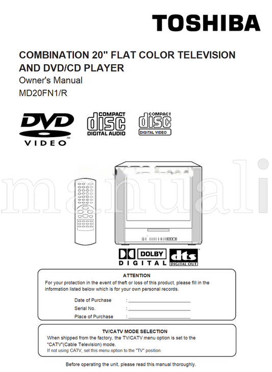Toshiba MD20FN1 (48 pages) TV/DVD Combo Operating Manual