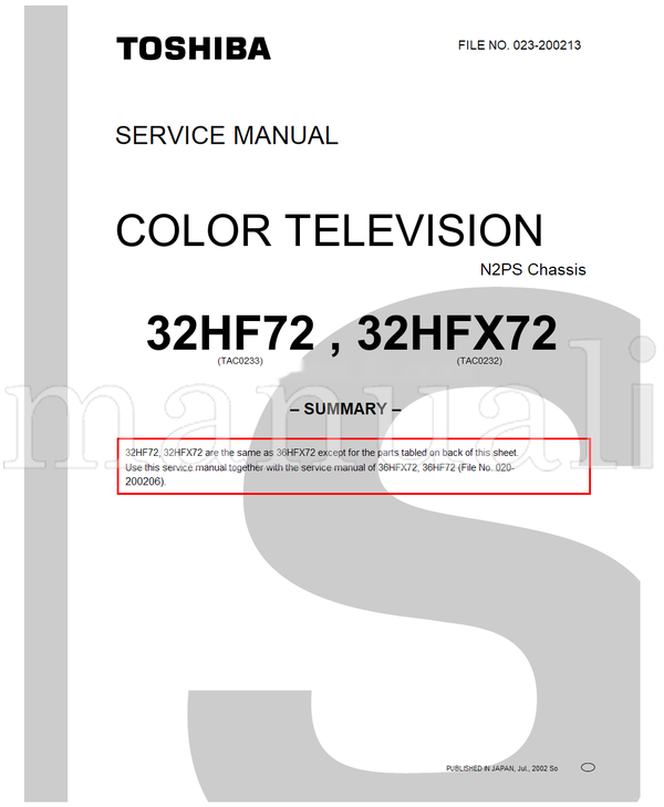 Toshiba 32HF72 32HFX72 36HFX72 36HF72 023-200213 (111 pages) TV Service Manual