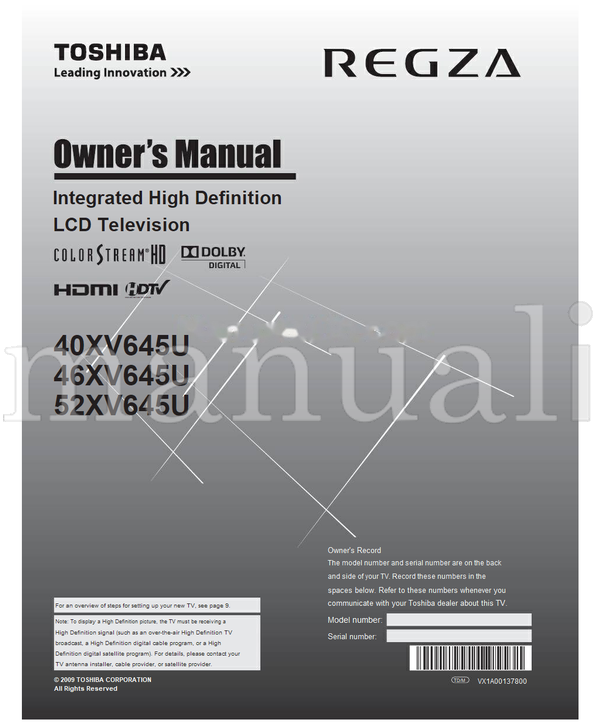 Toshiba 40XV645U 46XV645U 52XV645U VX1A00137800 (70 pages) TV Operating Manual