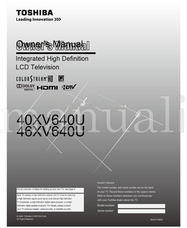 Toshiba 40XV640U 46XV640U HDA51T4000I (62 pages) TV Operating Manual