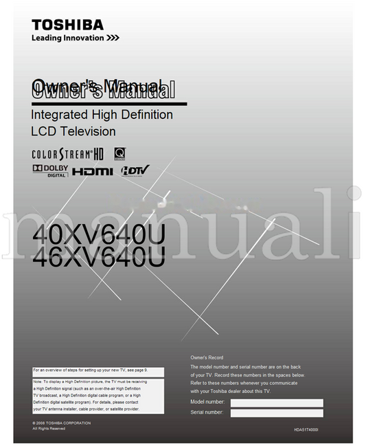 Toshiba 40XV640U 46XV640U HDA51T4000I (62 pages) TV Operating Manual
