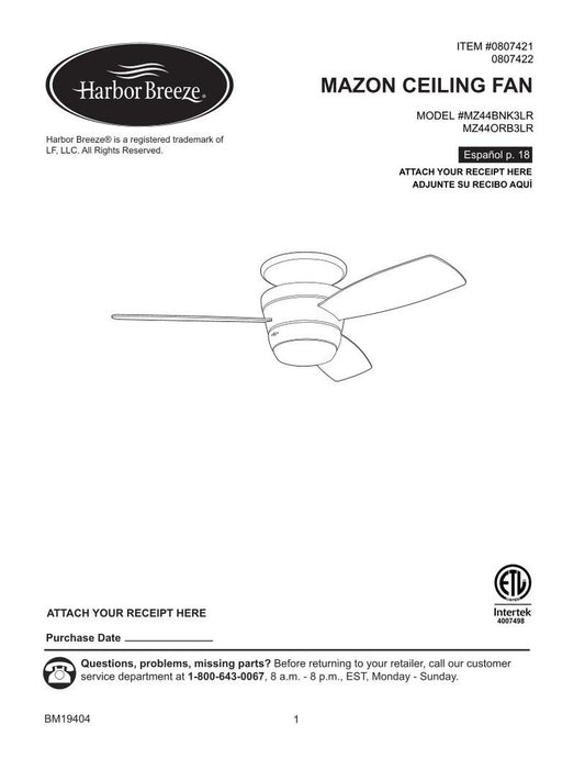 Harbor Breeze MZ44 BNK3 LRMazon44 in Ceiling Fan Operating Manual