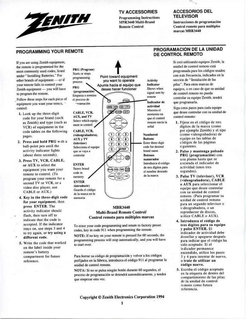 Zenith MBR3440 TV Operating Manual