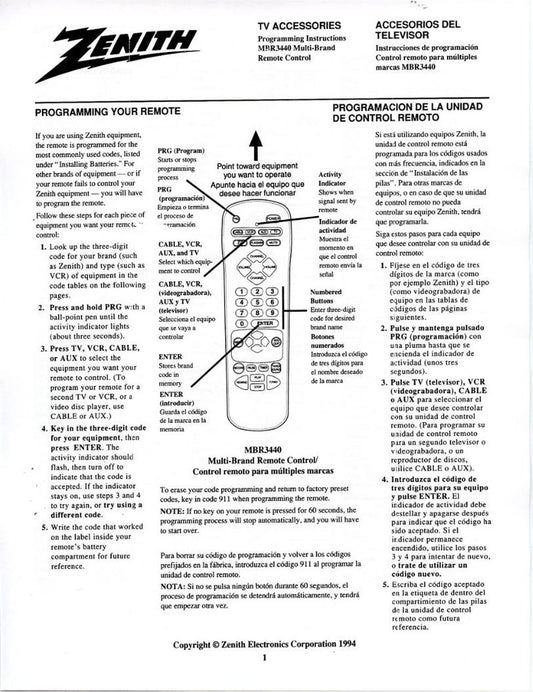 Zenith MBR3440 TV Operating Manual