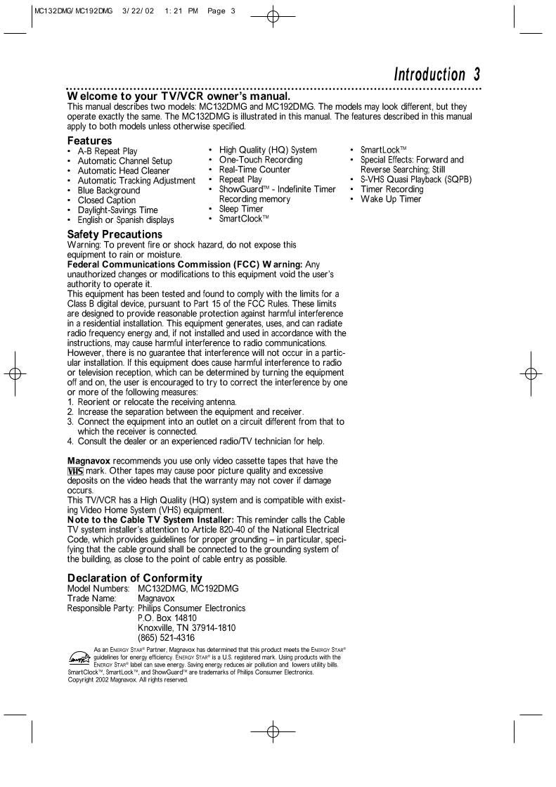 Philips MC132DMG MC192DMG VCR Operating Manual