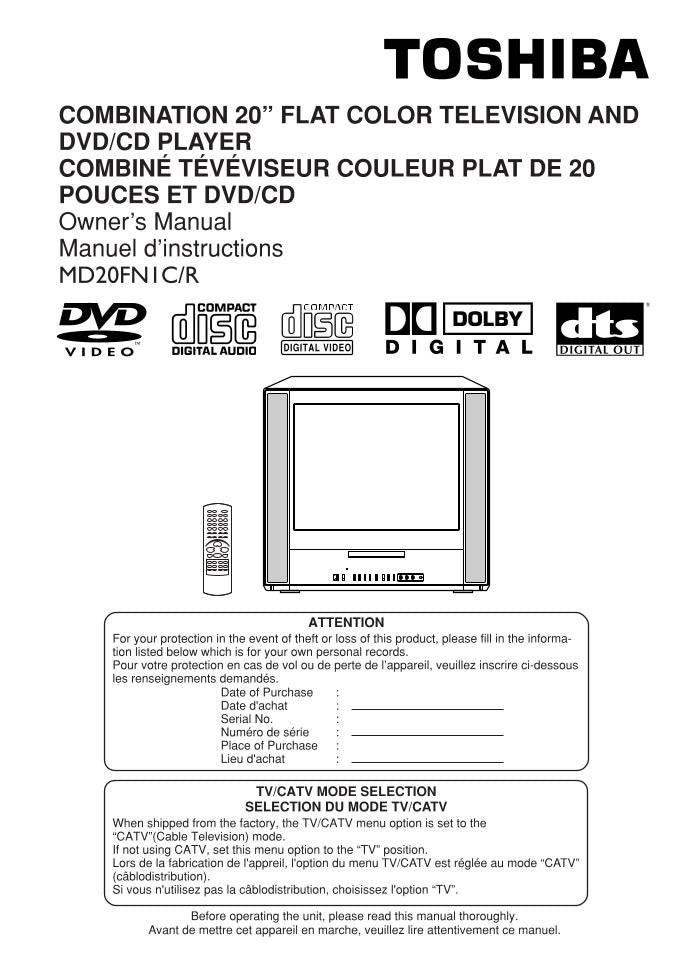 Toshiba DCFN20S DCSB1 MD13N1C TV/DVD Combo Operating Manual