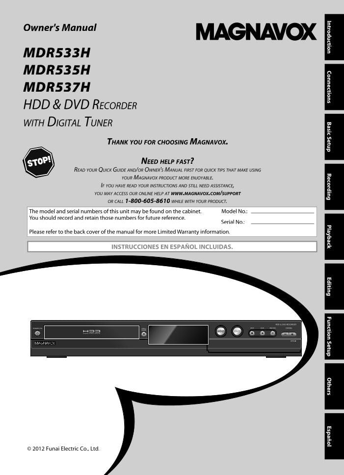 Magnavox MDR533H/F7 MDR535H/F7 MDR537H/F7 DVD Recorder (DVDR) Operating Manual