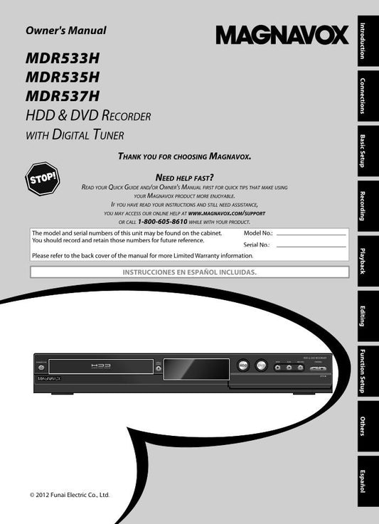 Magnavox MDR533H/F7 MDR535H/F7 MDR537H/F7 DVD Recorder (DVDR) Operating Manual