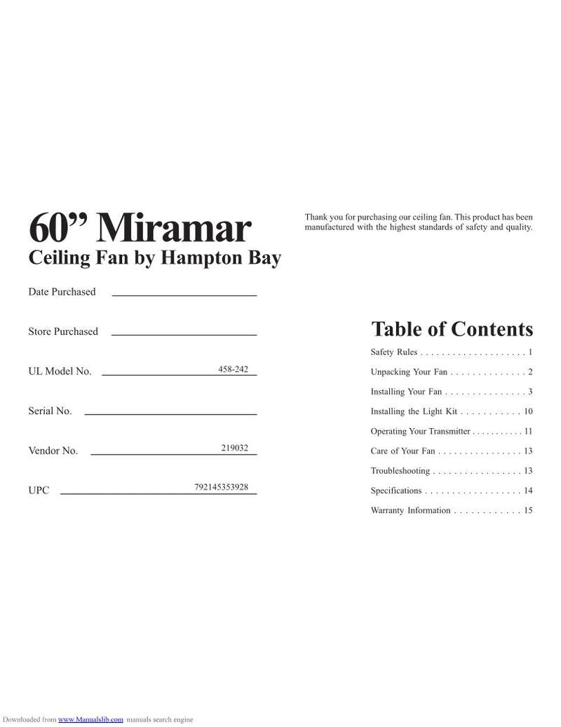 Hampton Bay HAMPTONBAYMIRAMAR60INCEILINGFANOM Ceiling Fan Operating Manual