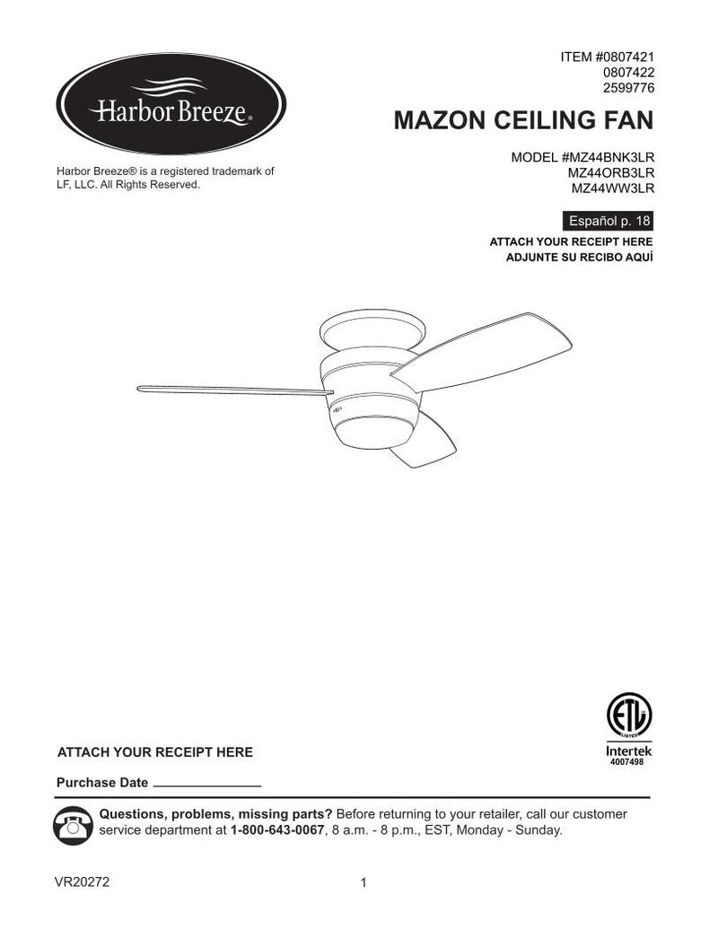 Harbor Breeze MZ44 WW 3LR Mazon 44 in Operating Manual