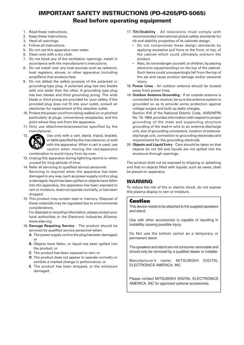 Mitsubishi PD4265 PD5065 TV Operating Manual