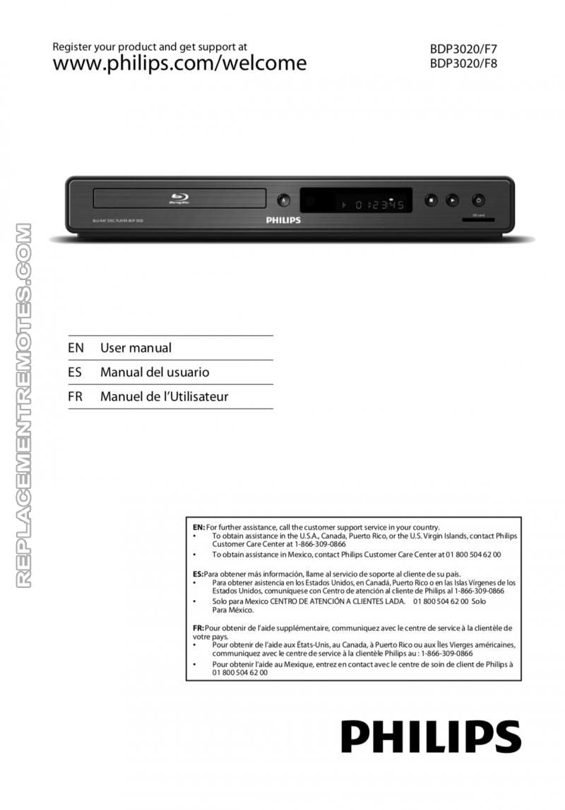 Philips BDP3020 BDP3020/F7 Blu-Ray DVD Player Operating Manual