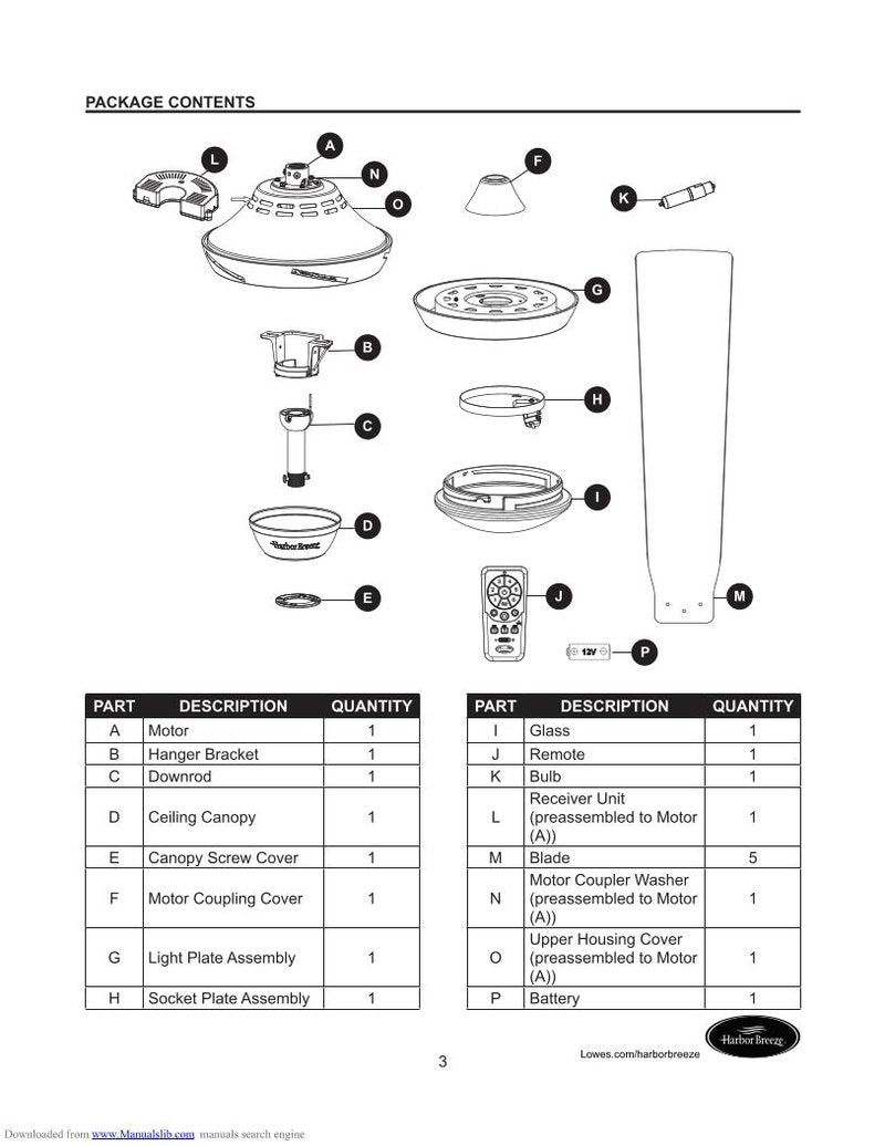 Harbor Breeze LP8293LBN Portes Ceiling Fan Ceiling Fan Operating Manual