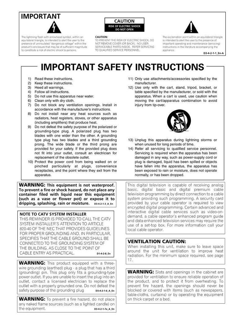 Pioneer PRO110FD PRO150FD TV Operating Manual