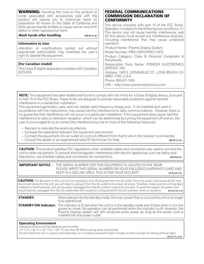 Pioneer PRO110FD PRO150FD TV Operating Manual