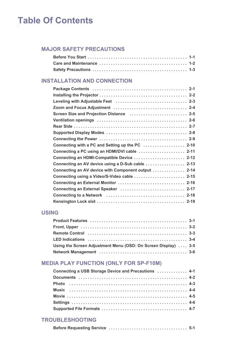 Samsung SPF10 SPF10M Projector Operating Manual