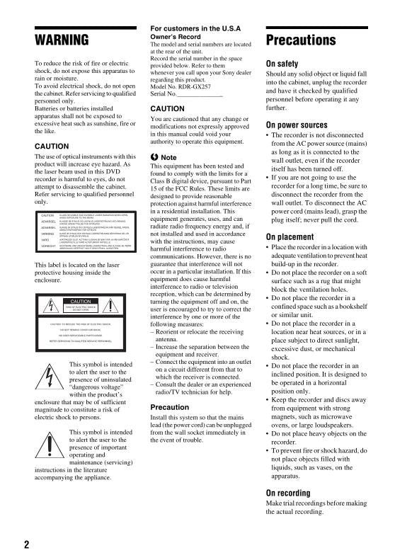 Sony RDRGX257 Operating Manual