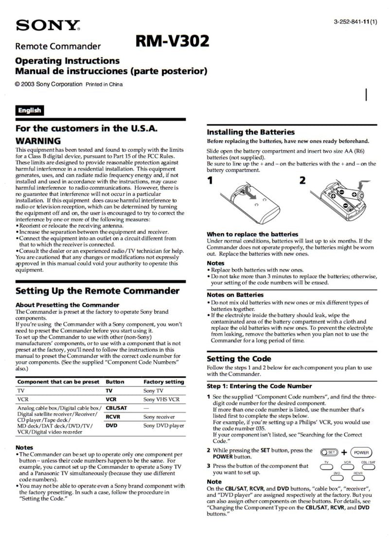 Sony RMV302 & CodesOM Universal Remote Control Operating Manual