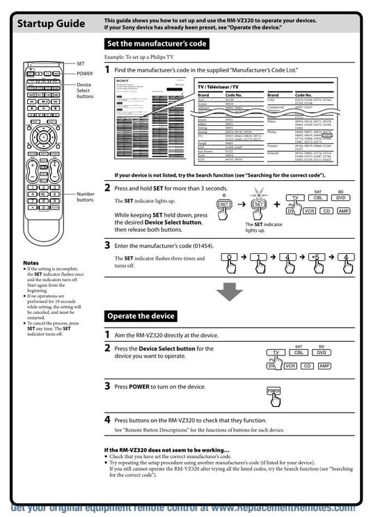 Sony RMVZ320 Manual/Codes Universal Remote Control Operating Manual