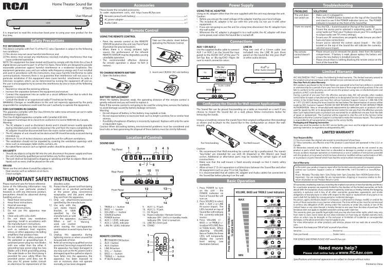 RCA RTS735E Sound Bar System Operating Manual