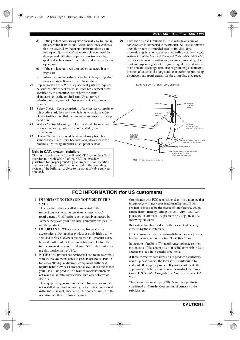 Yamaha RXV2400 RXV2400RDS Audio/Video Receiver Operating Manual