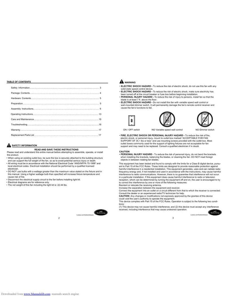 Harbor Breeze 00581 STG60 SARATOGAIICEILINGFAN Ceiling Fan Operating Manual