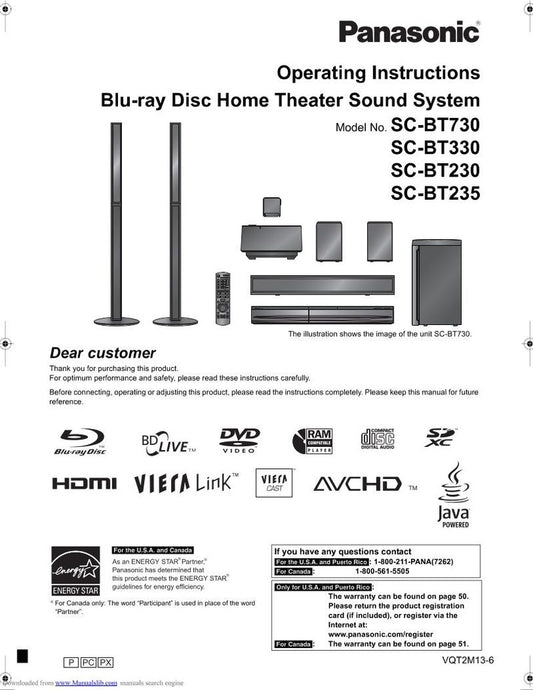 Panasonic SABT230 Home Theater System Operating Manual