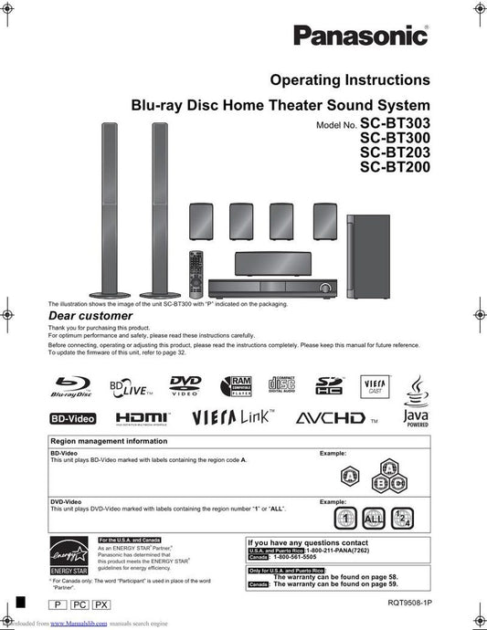 Panasonic SABT300 Home Theater System Operating Manual