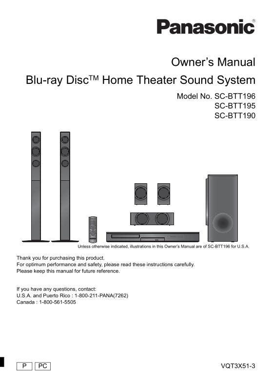 Panasonic SCBTT190 SCBTT195 SCBTT196 Home Theater System Operating Manual