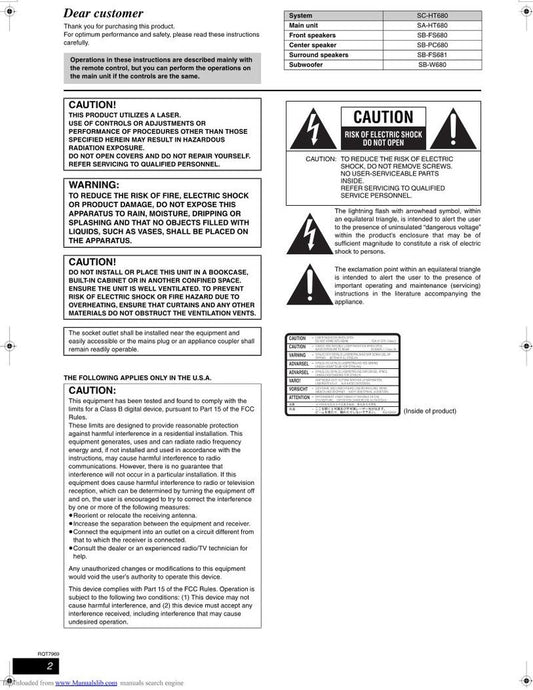 Panasonic SAHT680 Home Theater System Operating Manual