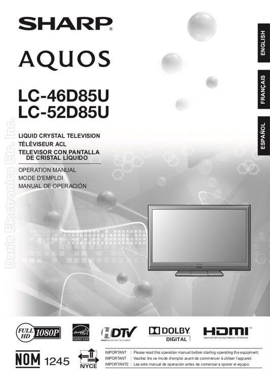 Sharp LC-46D85U LC-52D85U TV Operating Manual