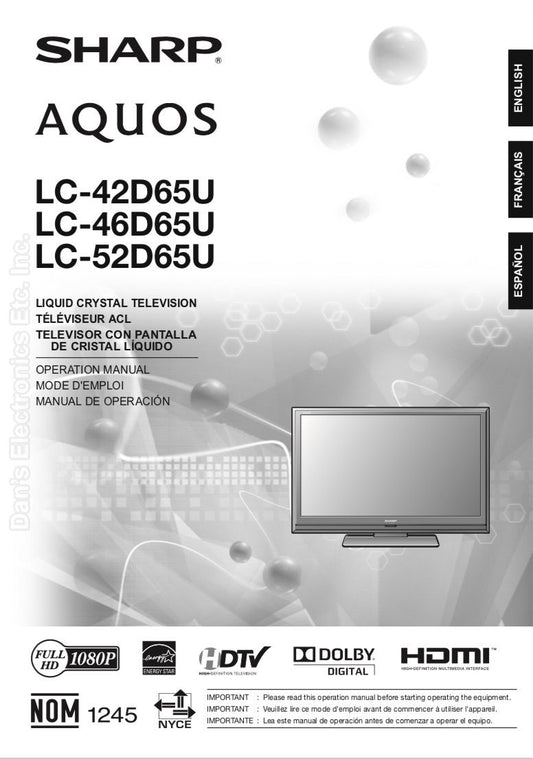 Sharp LC-42D65U LC-46D65U LC-52D65U TV Operating Manual