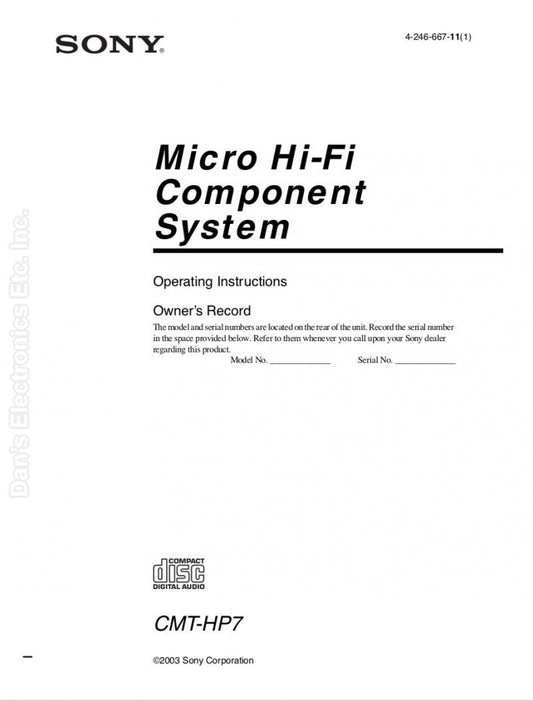 Sony CMTHP7 Audio System Operating Manual