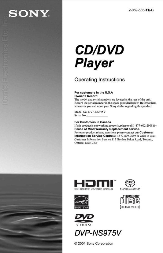 Sony DVPNS975V DVD Player Operating Manual