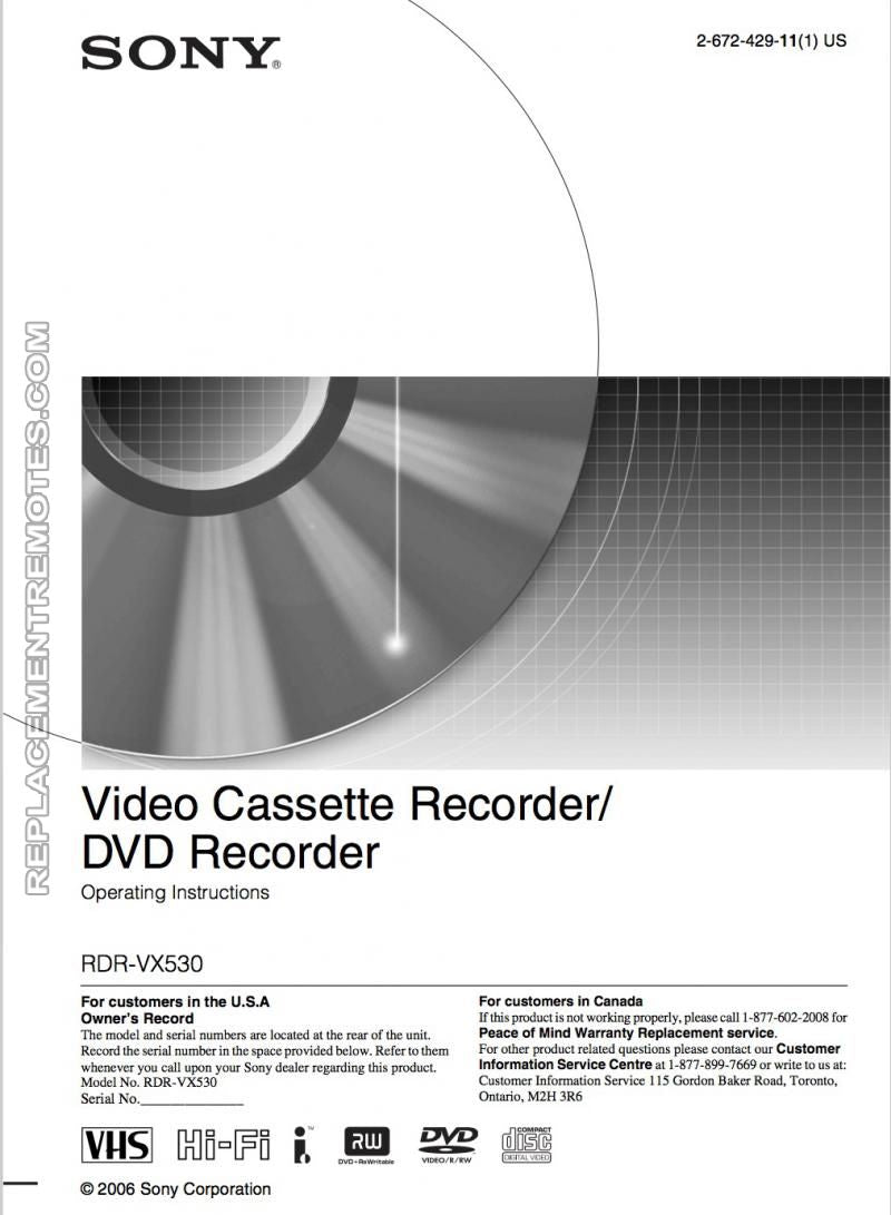 Sony RDRVX530 Audio/Video Receiver Operating Manual