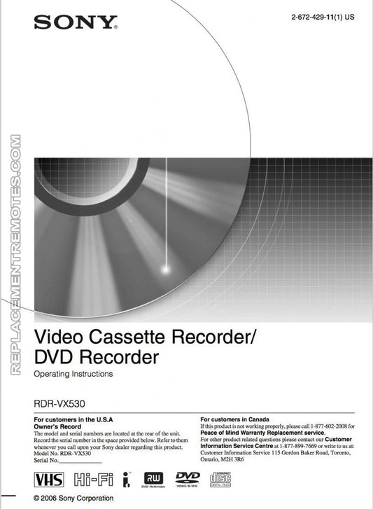 Sony RDRVX530 Audio/Video Receiver Operating Manual