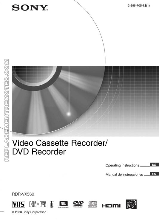 Sony RDRVX560 DVD/VCR Combo Player Operating Manual