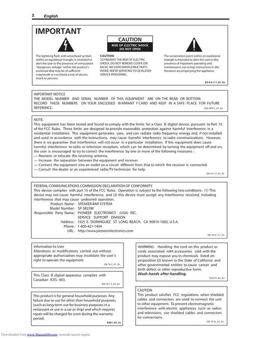 Pioneer SP-SB23 Sound Bar System Operating Manual