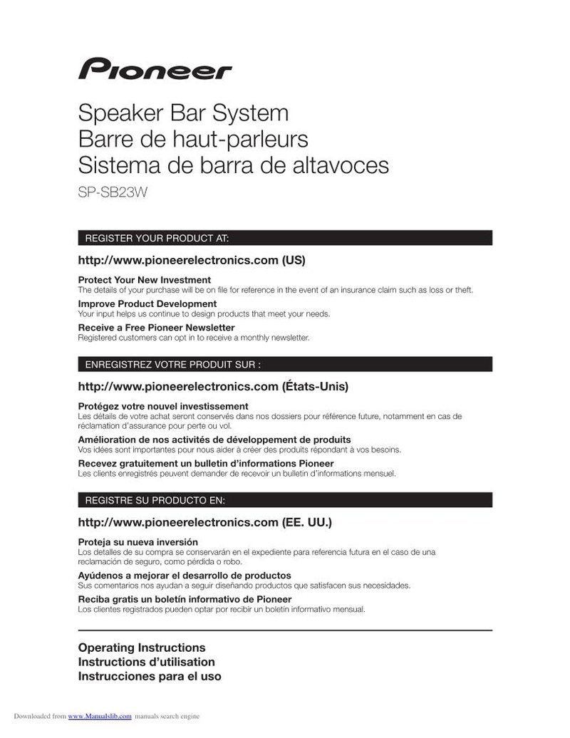 Pioneer SP-SB23W Sound Bar System Operating Manual