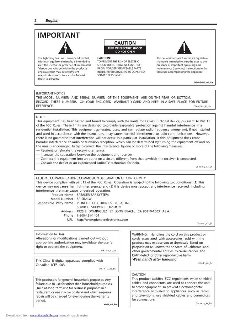 Pioneer SP-SB23W Sound Bar System Operating Manual