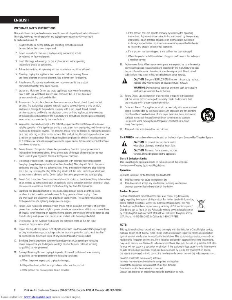 polkaudio SurroundBar 6000 Sound Bar System Operating Manual